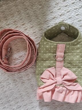 Pink Bow Pet Harness with Green Polka Dot Back And Matching Leash Xsmall